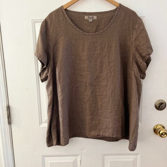 Flax Brown 100% Linen Short Sleeved Bohemian Festival Pop Over Tunic Sz 18-20 - Picture 1 of 8